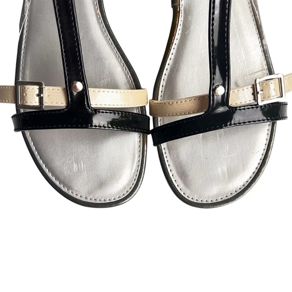 Bandolino sandal flat strappy black cream patent leather size 10 - Picture 7 of 14